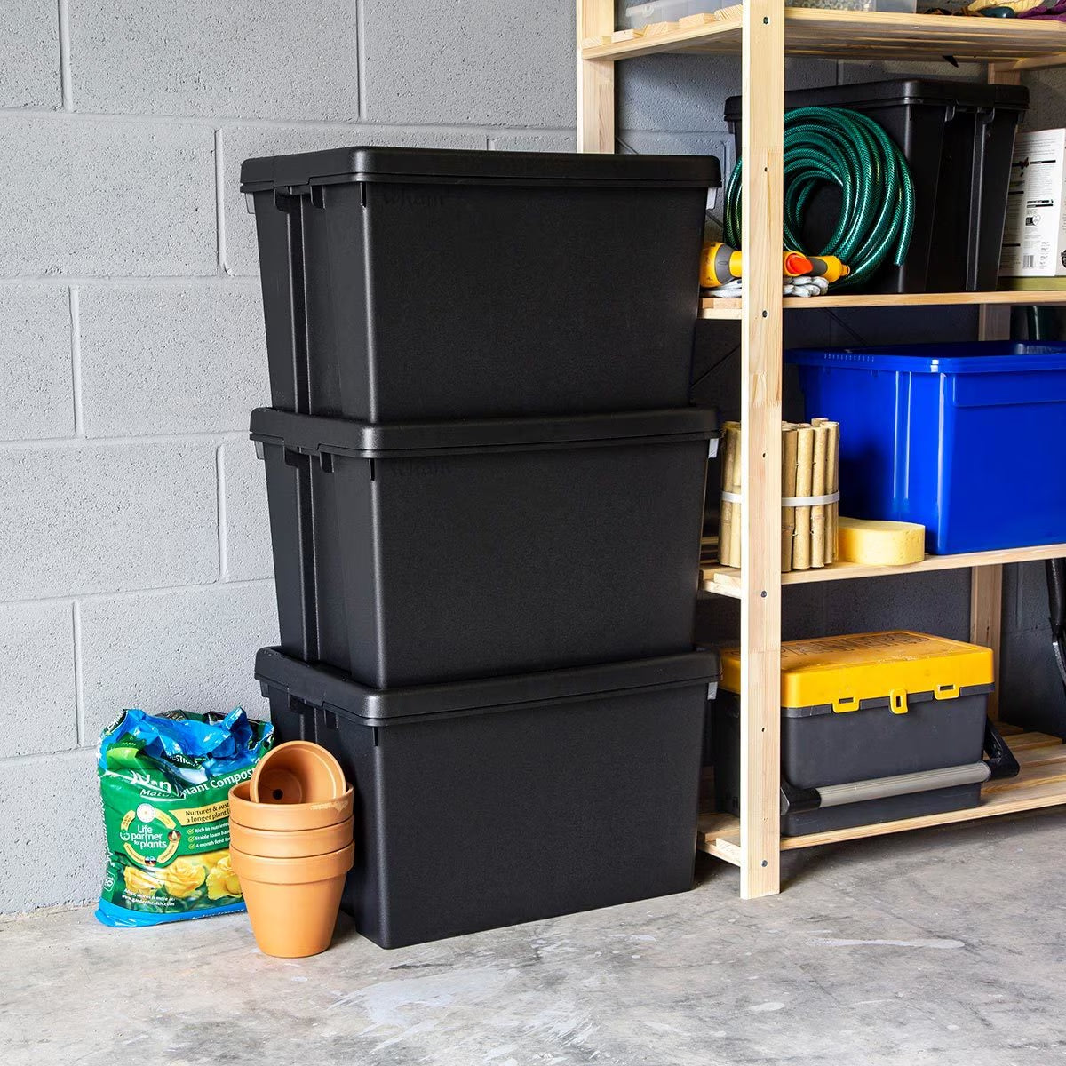 Bam 62 Litre Recycled Heavy Duty Plastic Storage Box & Lid in Black - 3 Pack