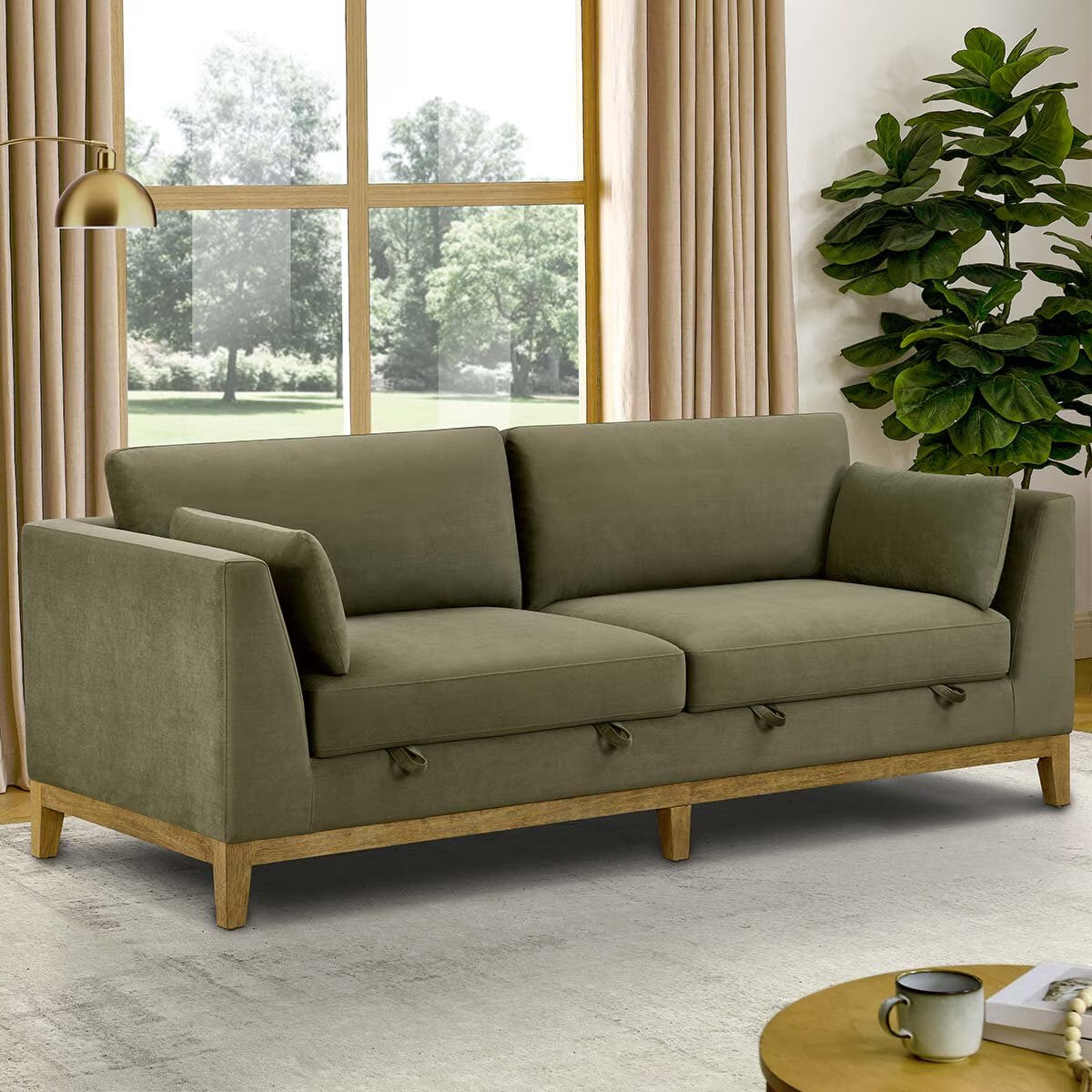 Mokena Green Fabric 2 Seater Sofa with Storage Seats
