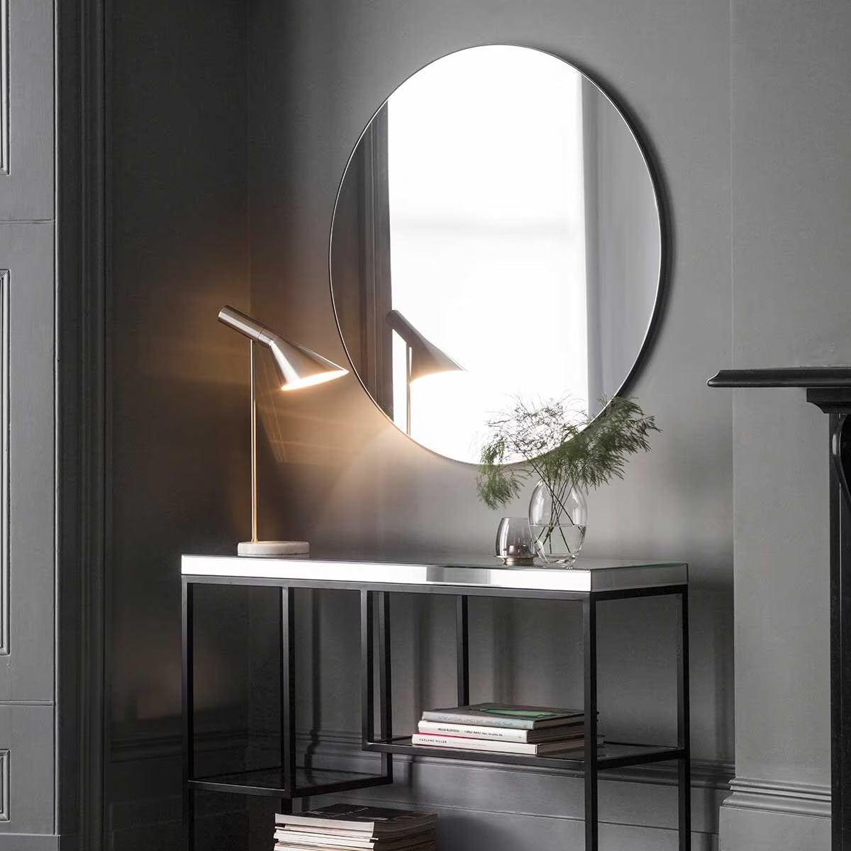 Hayle Black round Mirror, 100Cm