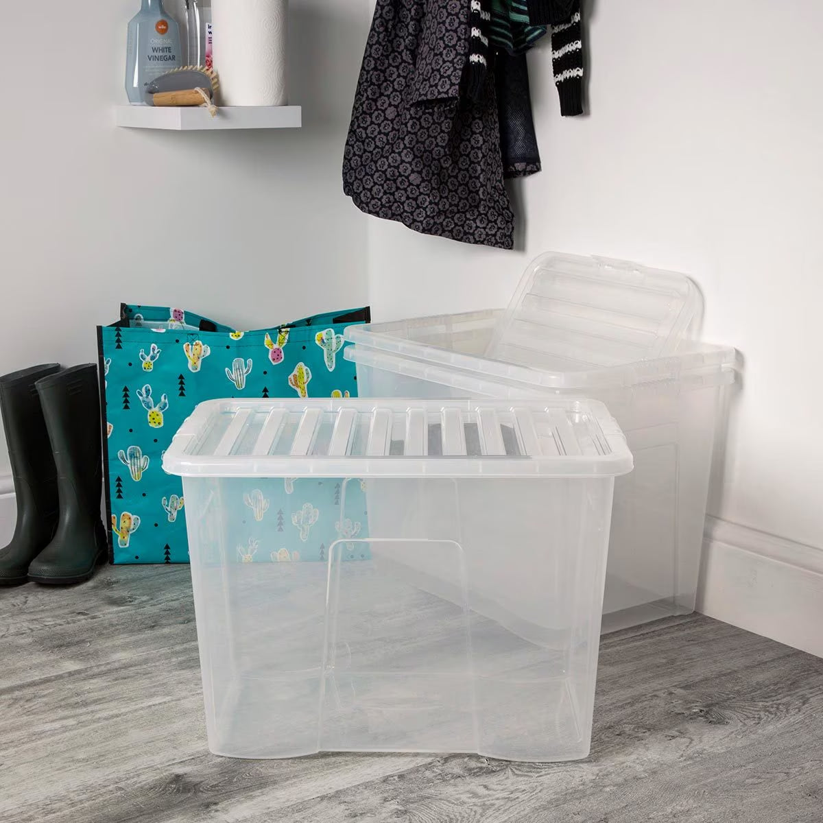 80L Crystal Clear Plastic Box and Lid - 3 Pack