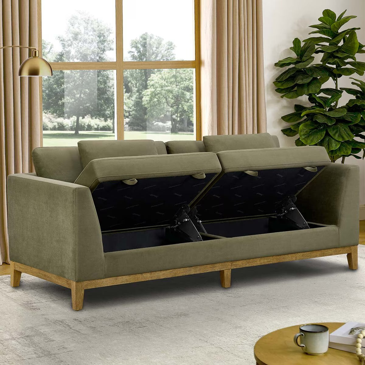 Mokena Green Fabric 2 Seater Sofa with Storage Seats