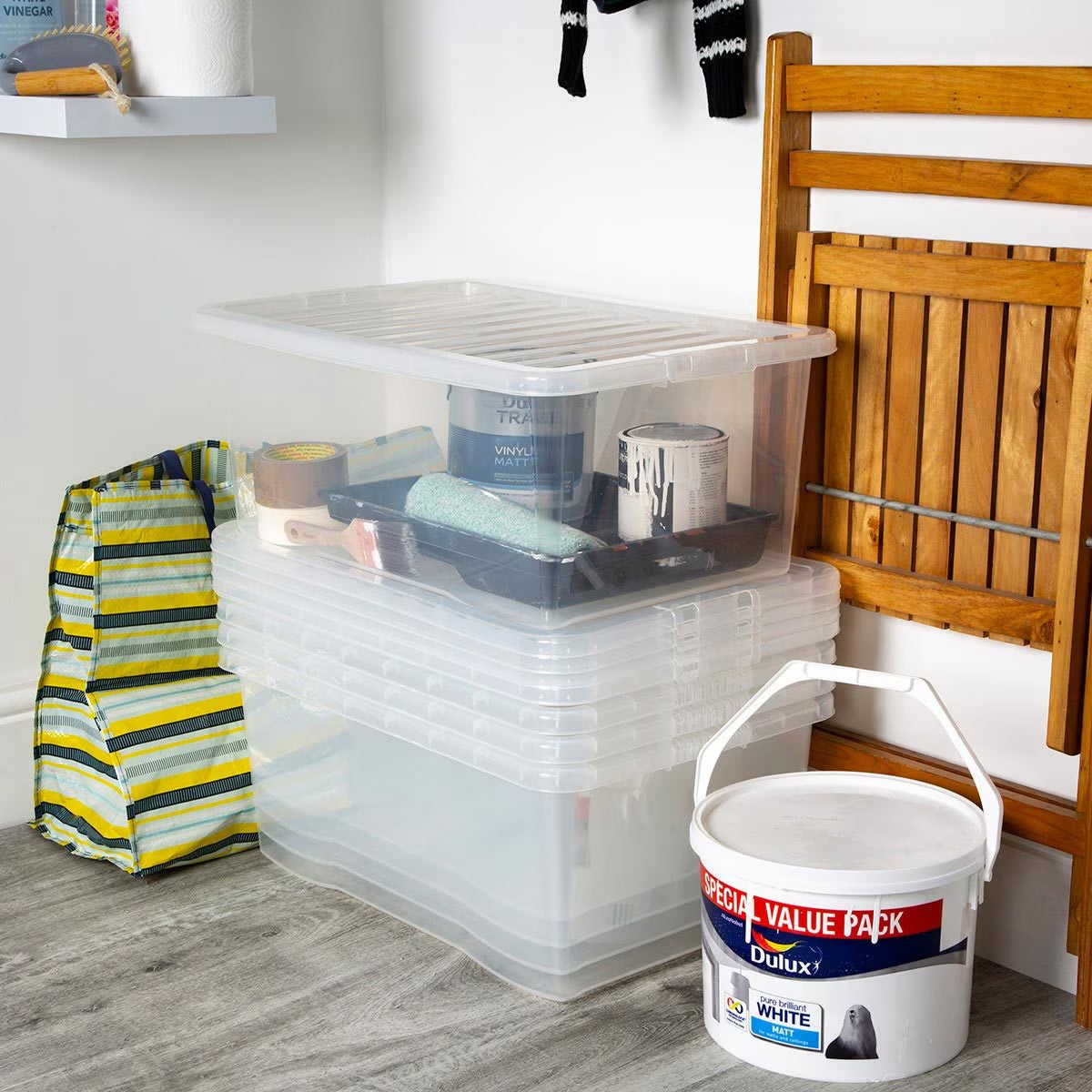 45L Crystal Clear Plastic Box and Lid- 5 Pack