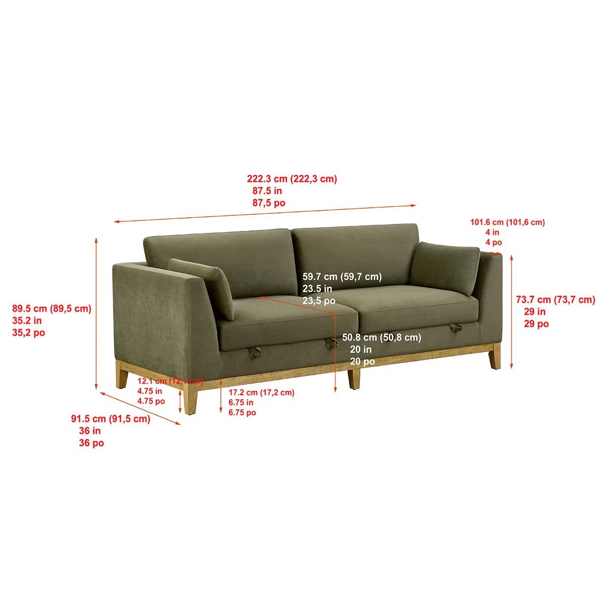 Mokena Green Fabric 2 Seater Sofa with Storage Seats