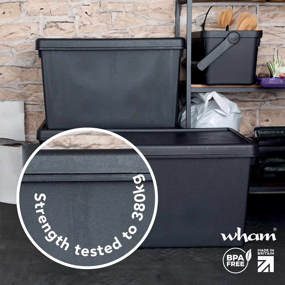 Bam 62 Litre Recycled Heavy Duty Plastic Storage Box & Lid in Black - 3 Pack