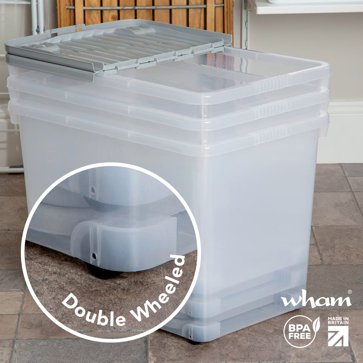 80 Litre Clear/Cool Grey Box with Wheels & Folding Lid - 3 Pack