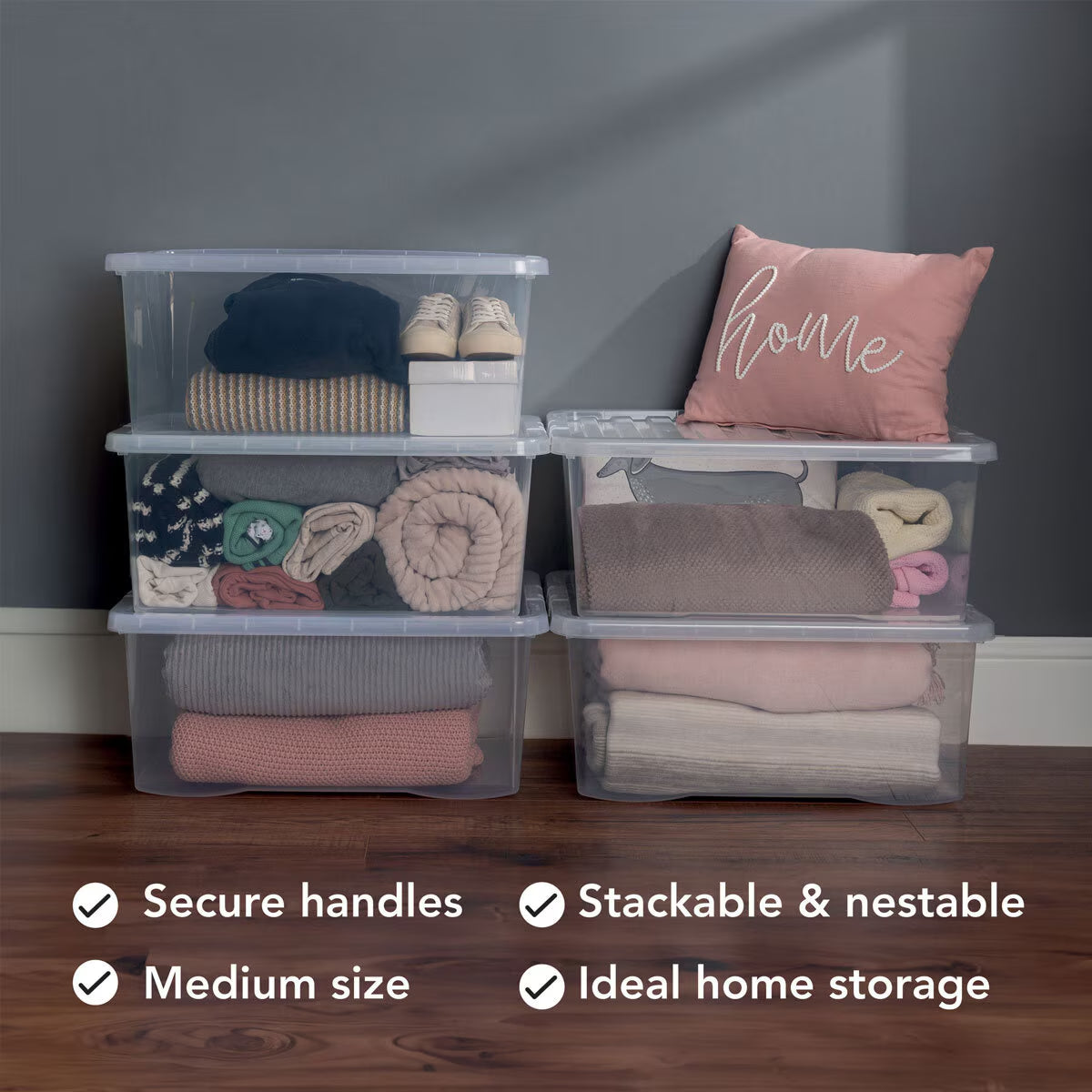 45L Crystal Clear Plastic Box and Lid- 5 Pack
