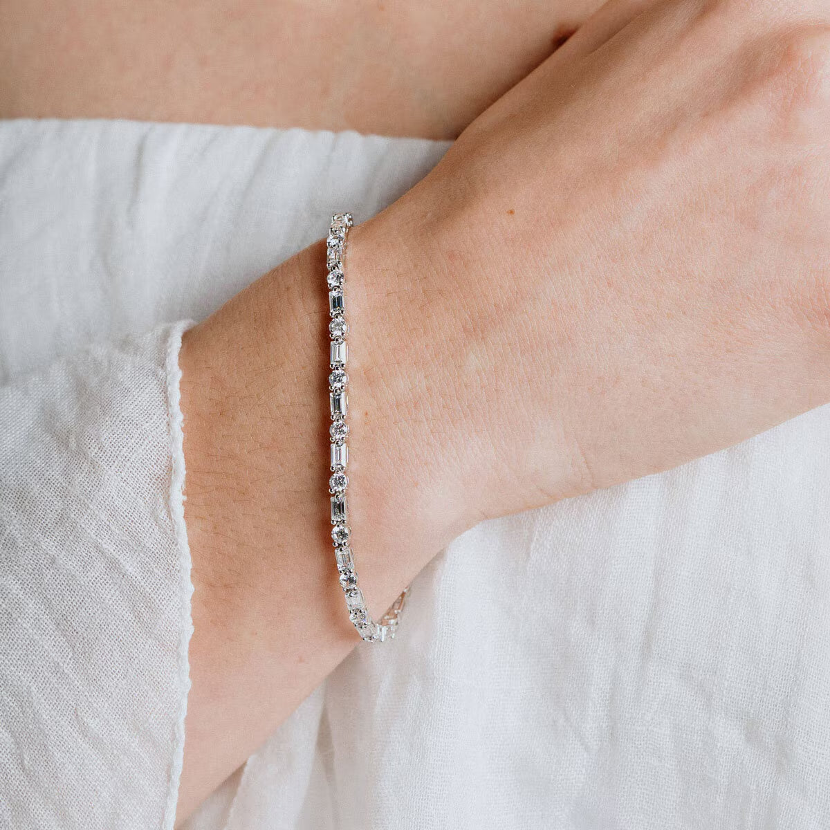 Sterling Silver Cubic Zirconia Baguette and round Bracelet