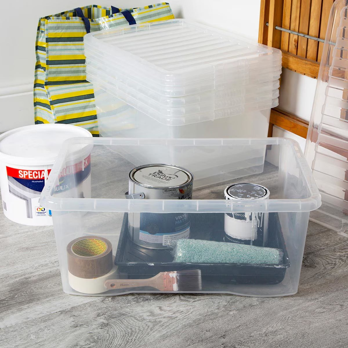 45L Crystal Clear Plastic Box and Lid- 5 Pack