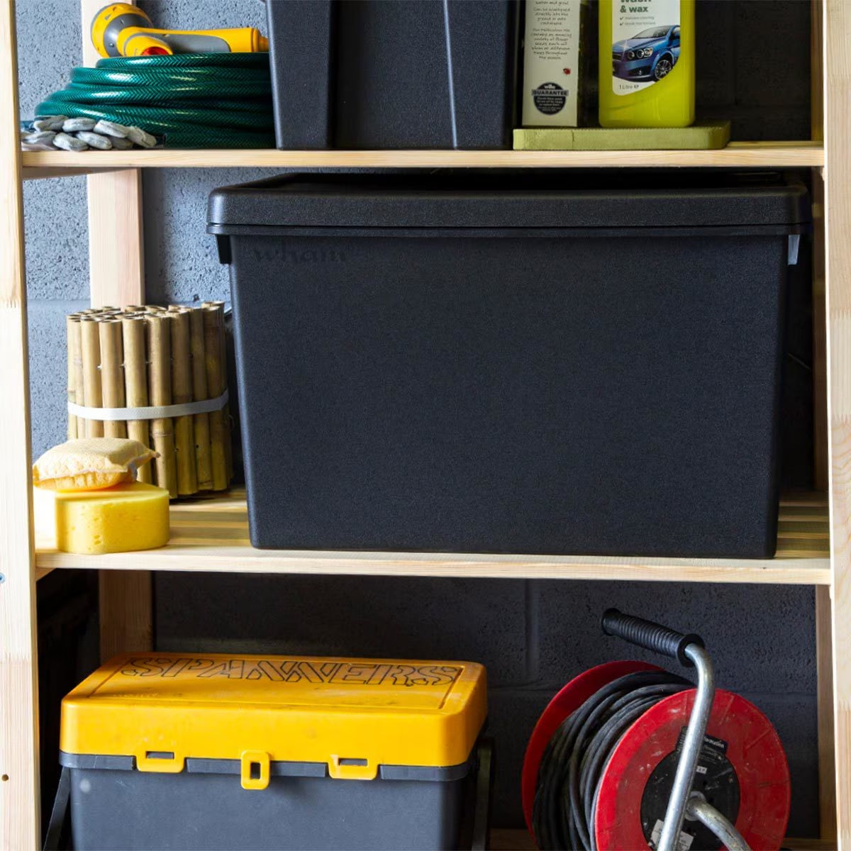 Bam 62 Litre Recycled Heavy Duty Plastic Storage Box & Lid in Black - 3 Pack