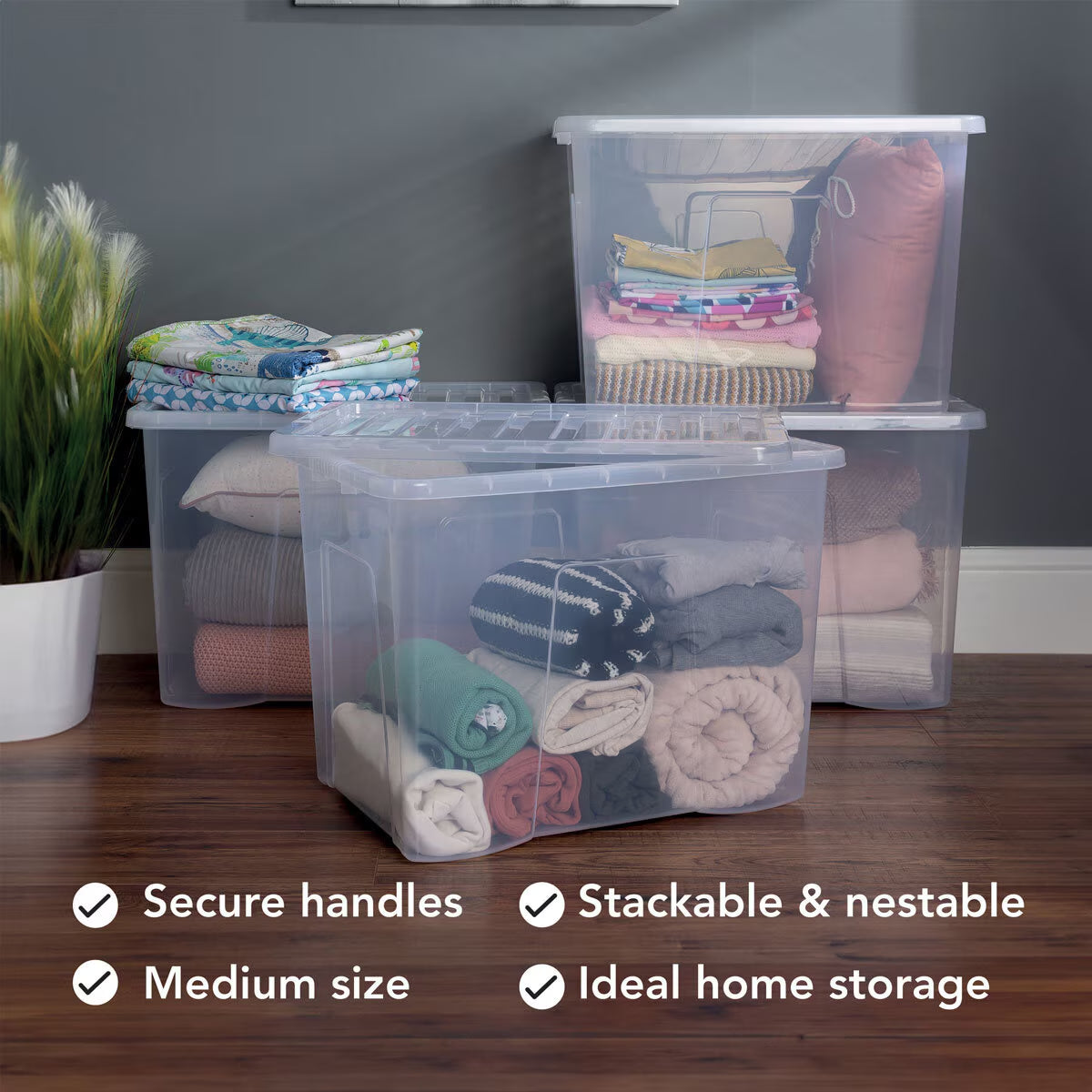80L Crystal Clear Plastic Box and Lid - 3 Pack