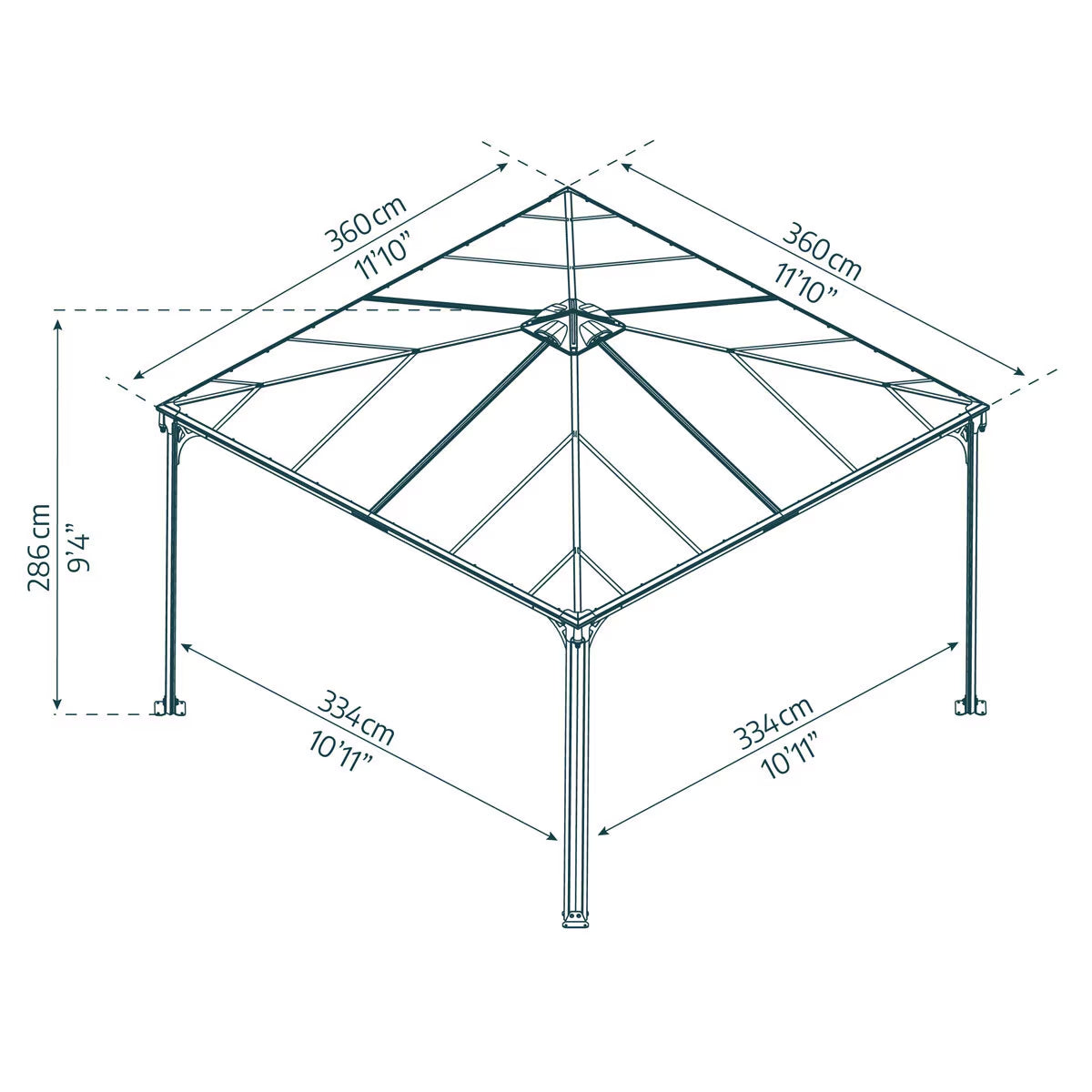 Palermo 11Ft 9" X 11Ft 9" (3.6 X 3.6M) Aluminium and Polycarbonate Gazebo