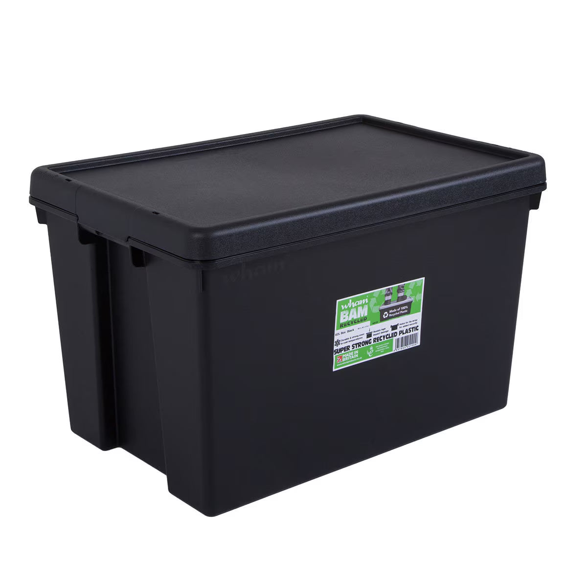 Bam 62 Litre Recycled Heavy Duty Plastic Storage Box & Lid in Black - 3 Pack
