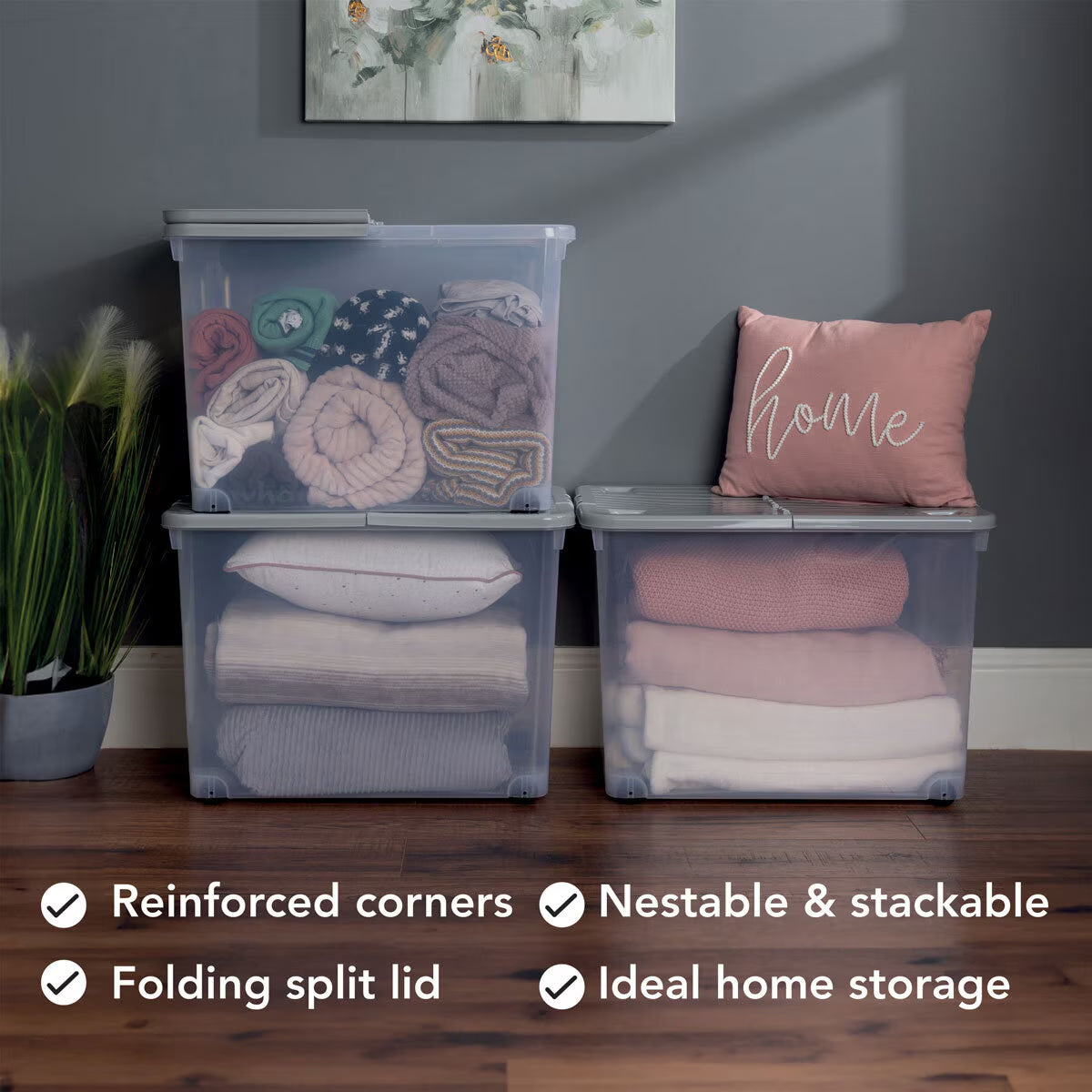 80 Litre Clear/Cool Grey Box with Wheels & Folding Lid - 3 Pack