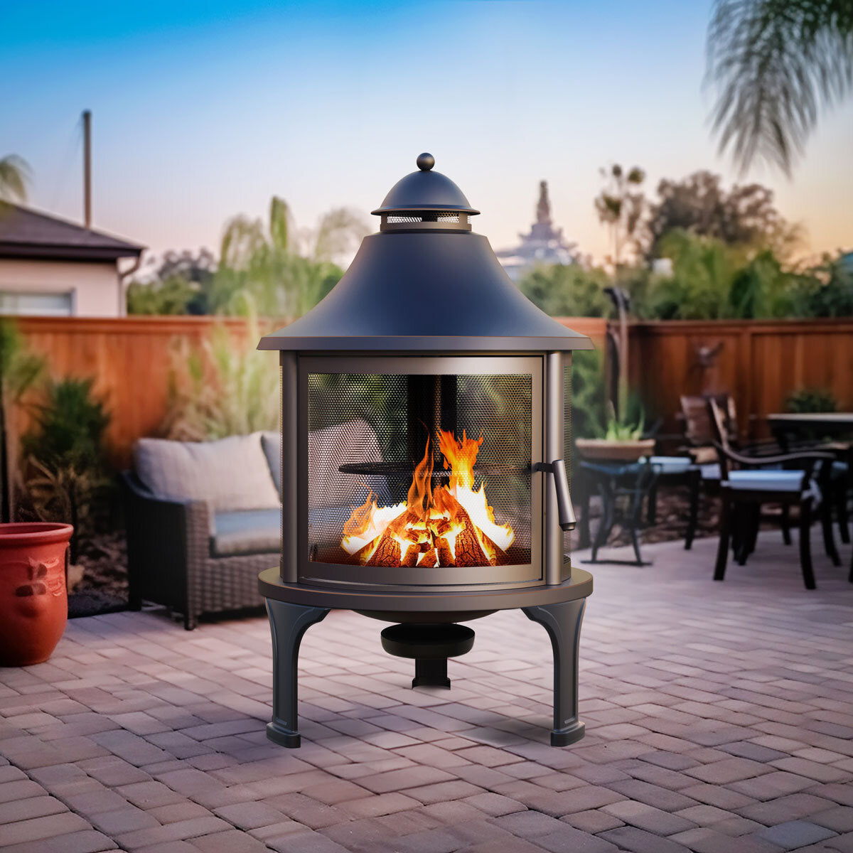 Elevated round Wood Burning Fire Pit with Swing Out Grill