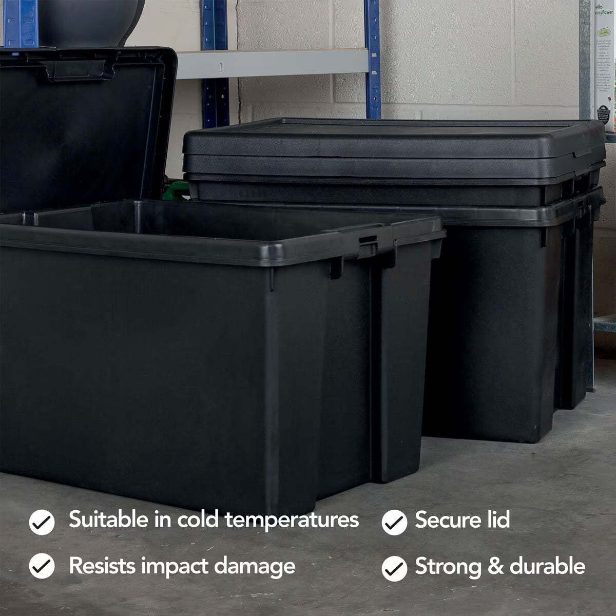 Bam 62 Litre Recycled Heavy Duty Plastic Storage Box & Lid in Black - 3 Pack