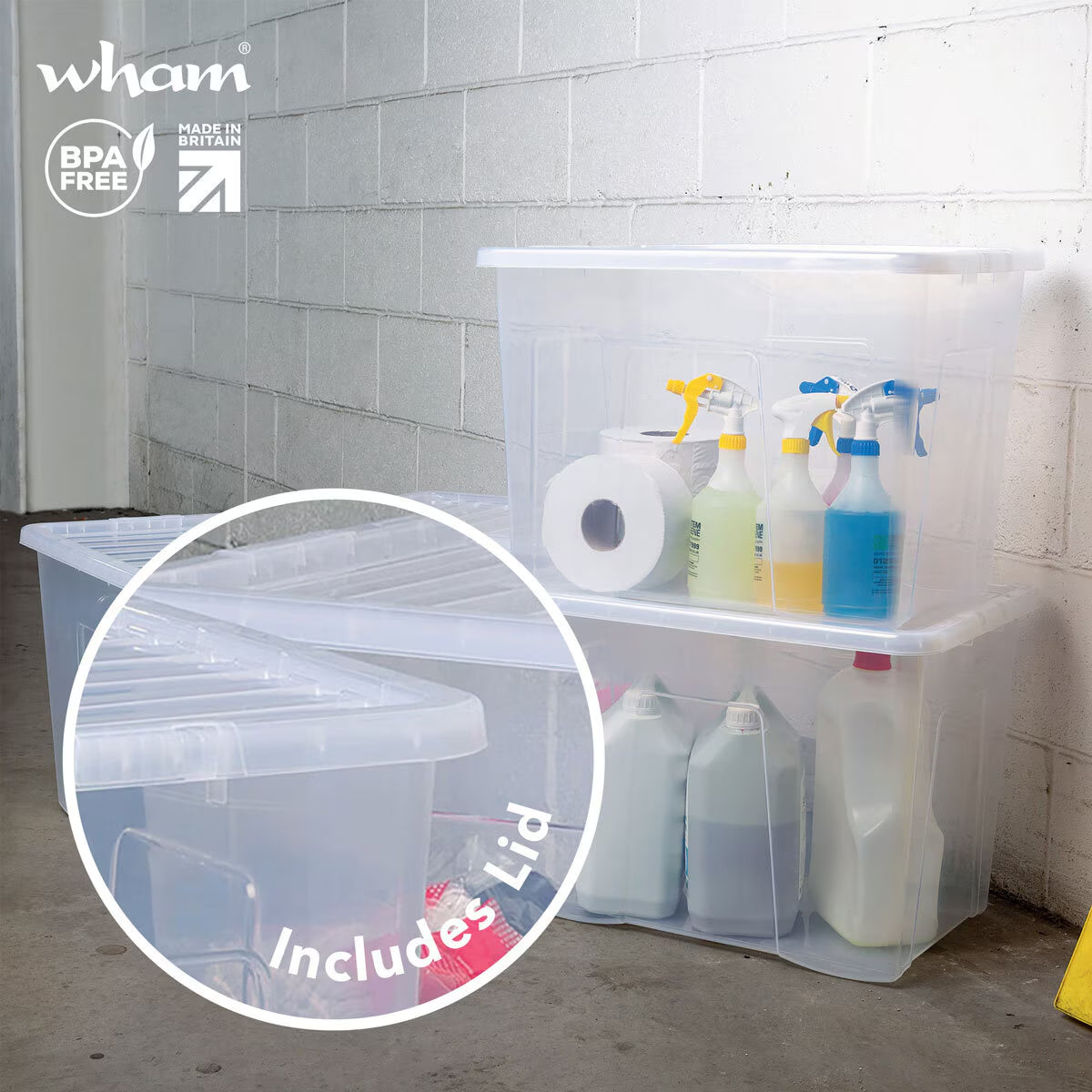 80L Crystal Clear Plastic Box and Lid - 3 Pack