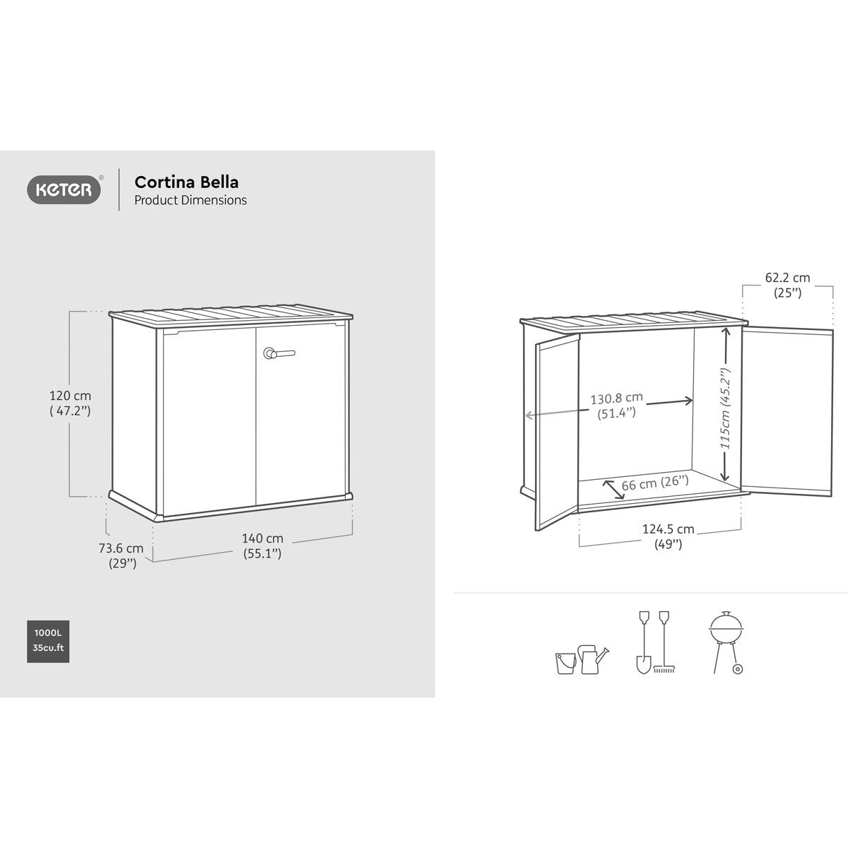 Cortina Bella 4Ft 6" X 2Ft 4" (1.4 X 0.7M) 1,000 Litre Vertical Storage Shed