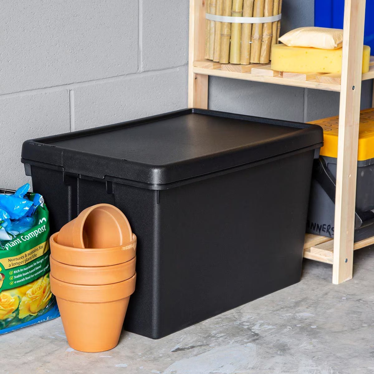 Bam 62 Litre Recycled Heavy Duty Plastic Storage Box & Lid in Black - 3 Pack