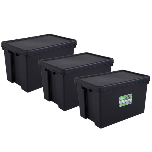 Bam 62 Litre Recycled Heavy Duty Plastic Storage Box & Lid in Black - 3 Pack