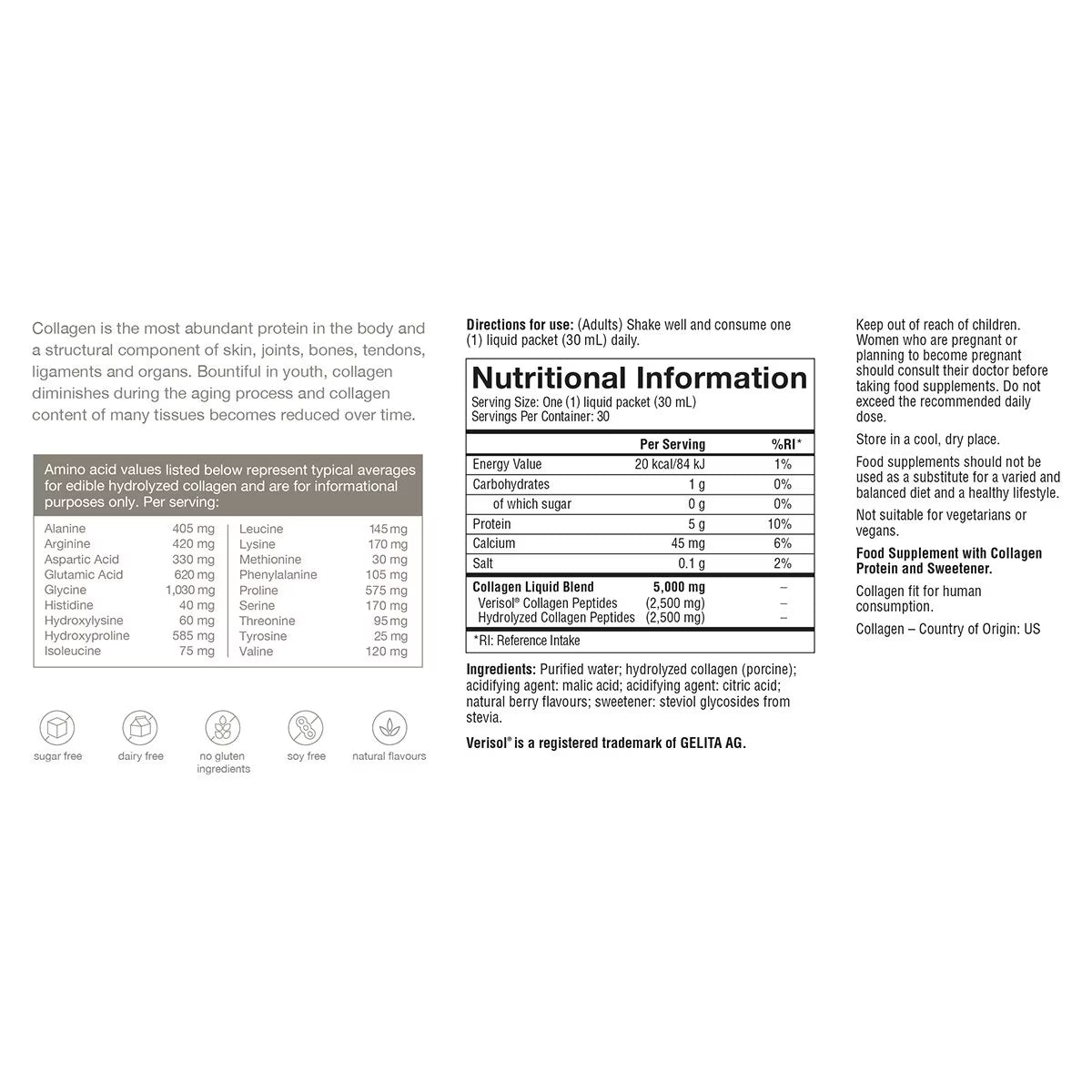 Collagen Liquid Natural Berry, 30 Count
