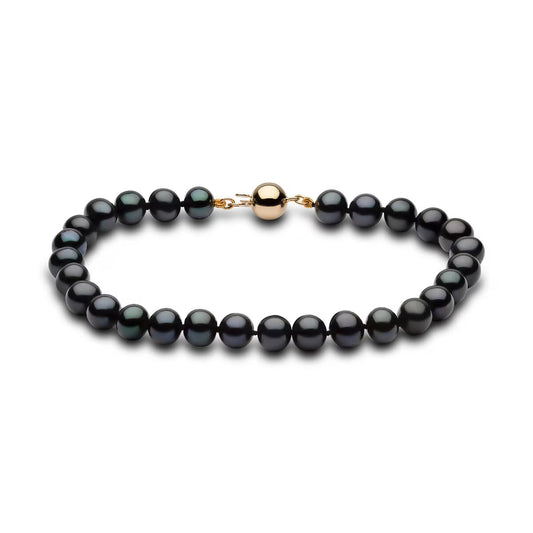 6-6.5Mm Cultured Freshwater Black Pearl Bracelet, 18Ct Yellow Gold