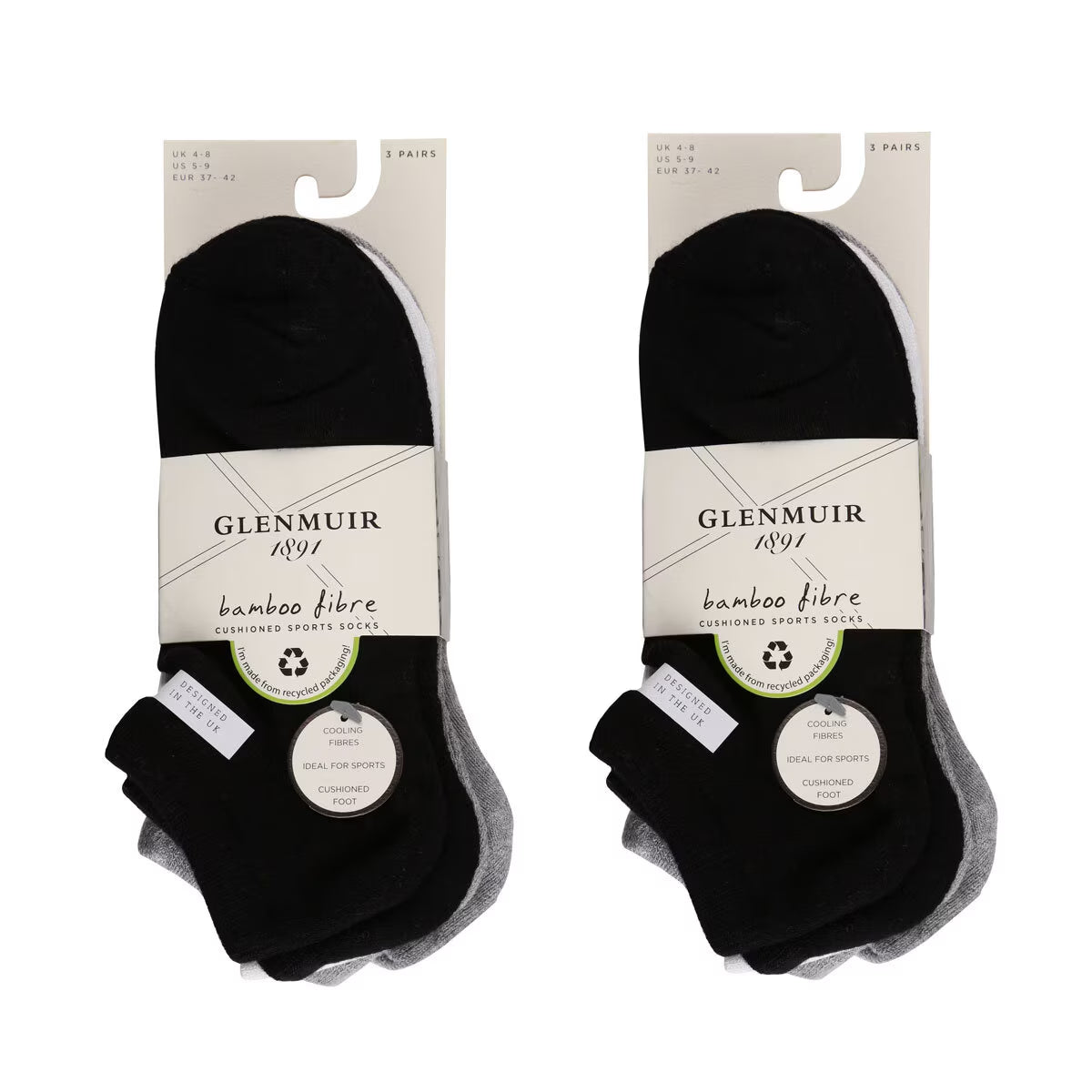 Women'S 2 X 3 Pack Bamboo Cushioned Trainer Socks in Assorted Colours, Size 4-8