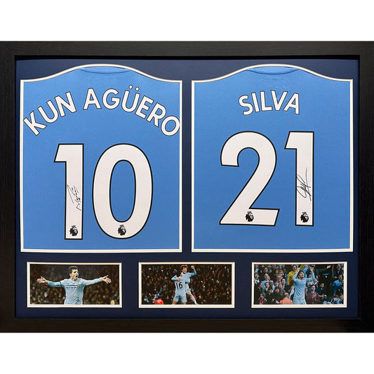 Sergio Aguero & David Silva Double Signed Framed Manchester City Shirts