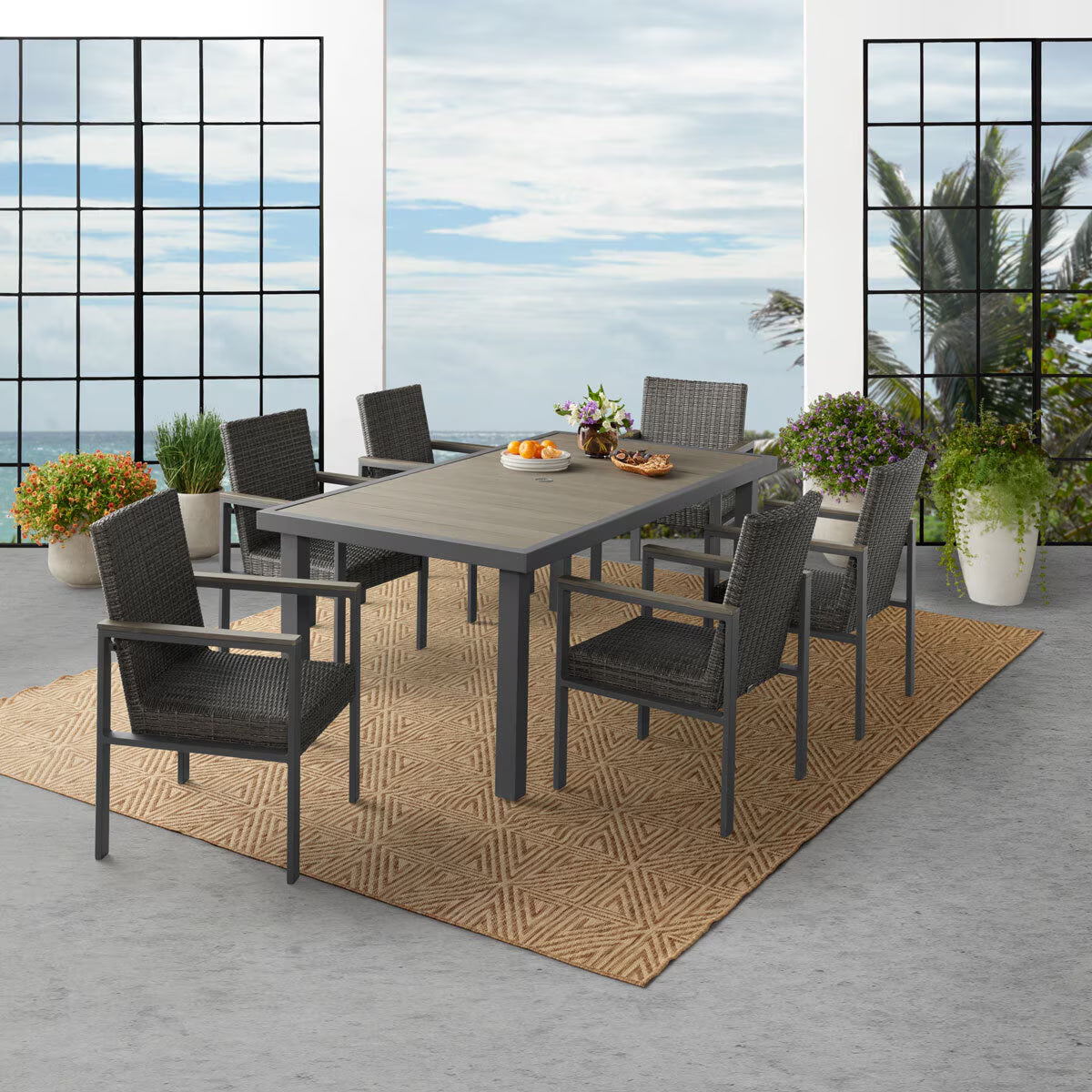 Maricopa 7 Piece Woven Dining Set with Padded Seats + Cover