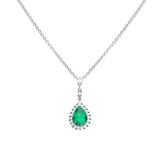 Sterling Silver Green Cubic Zirconia Teardrop Necklace with Pave Surround