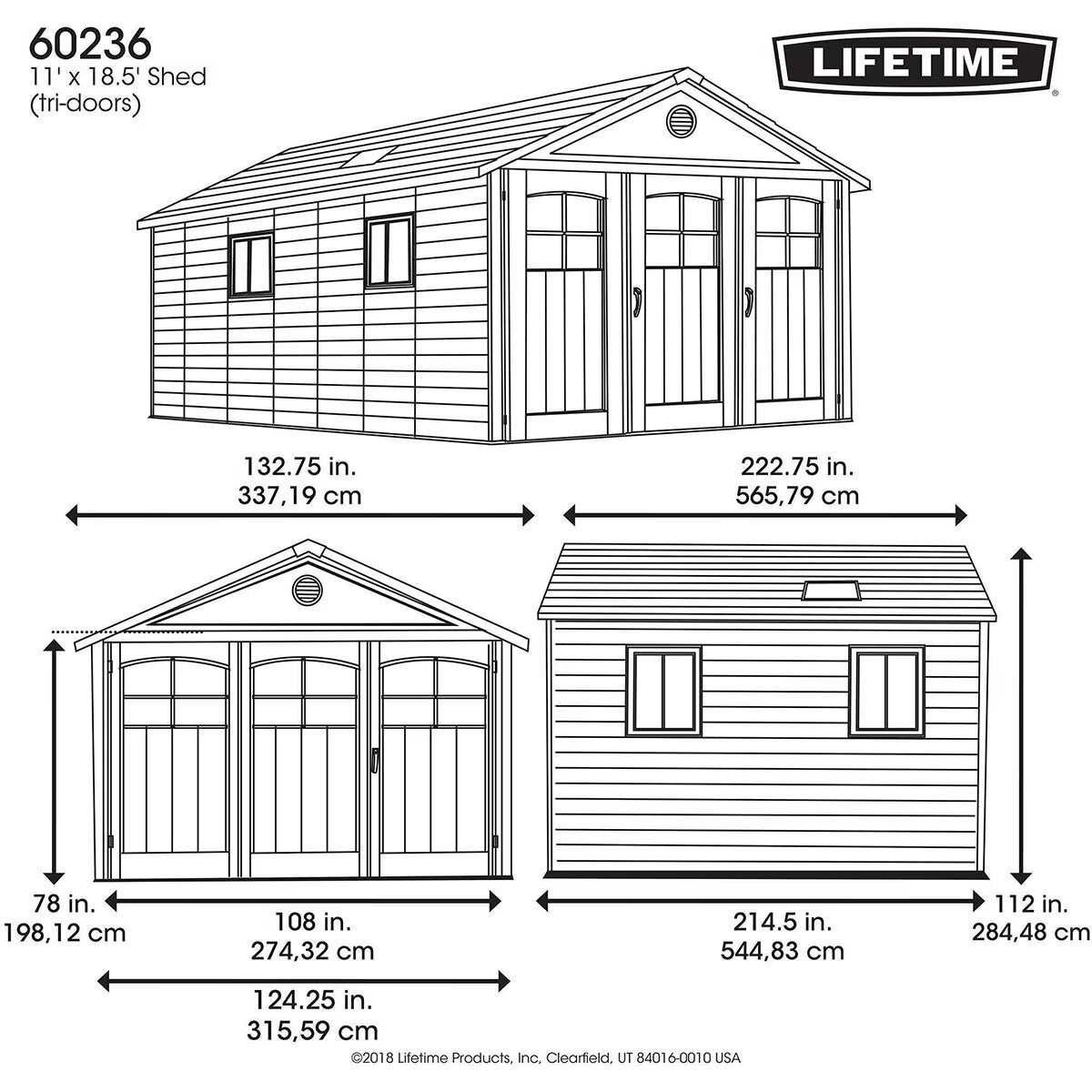 11Ft X 18Ft 6" (3.3 X 5.6M) Outdoor Storage Shed with Tri-Folding Door - Model 60236