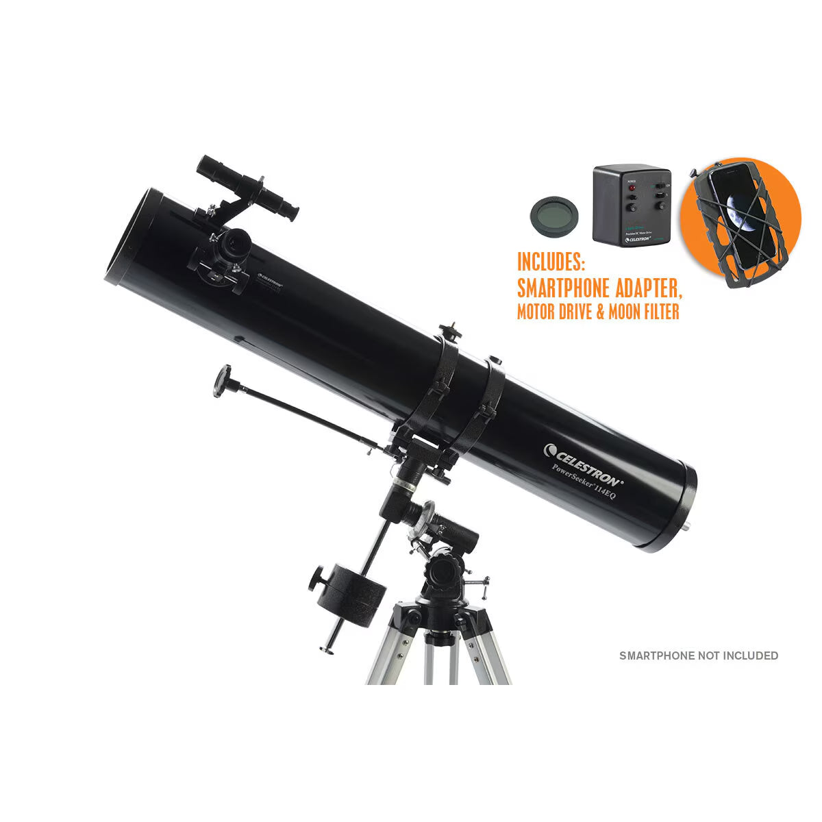 Powerseeker 114EQ Telescope with Motor Drive, Phone Adapter and Moon Filter