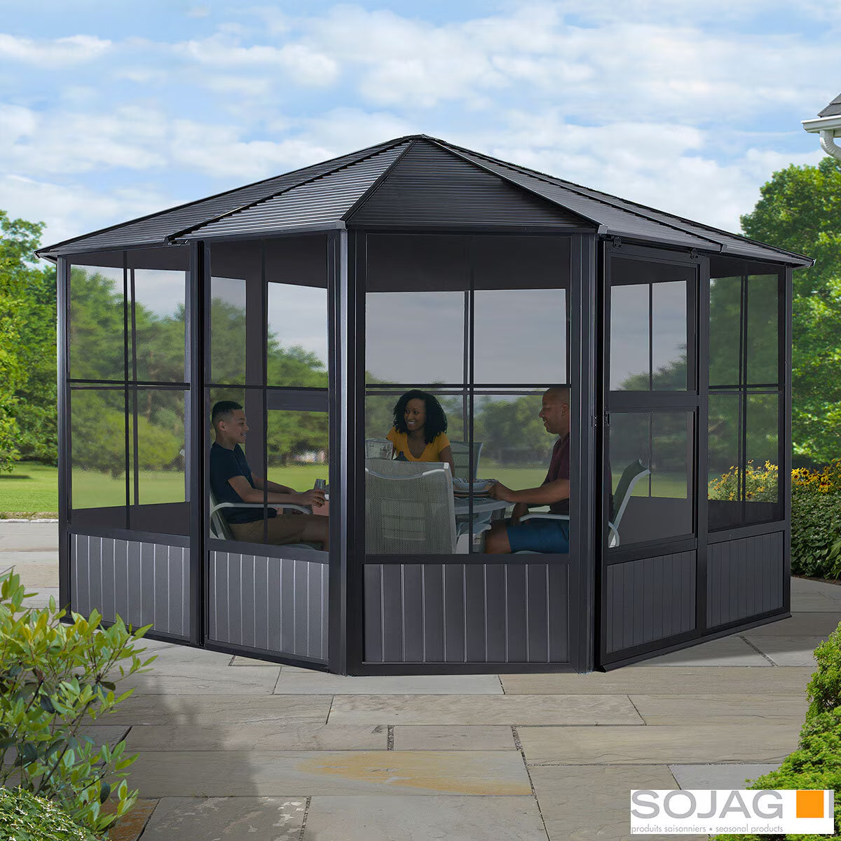 Charleston 12Ft X 12Ft (3.67 X 3.67M) Aluminium Frame Solarium with Galvanised Steel Roof + Two Sliding Doors with PVC Windows + Insect Netting